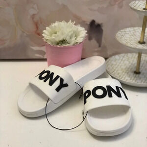 Pony Slides White with Black Logo Curl Style Mens